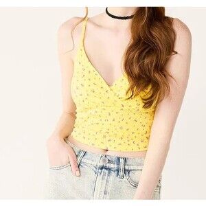 Juniors Large Front Wrap cami Yellow floral SO V-neck Cinched front